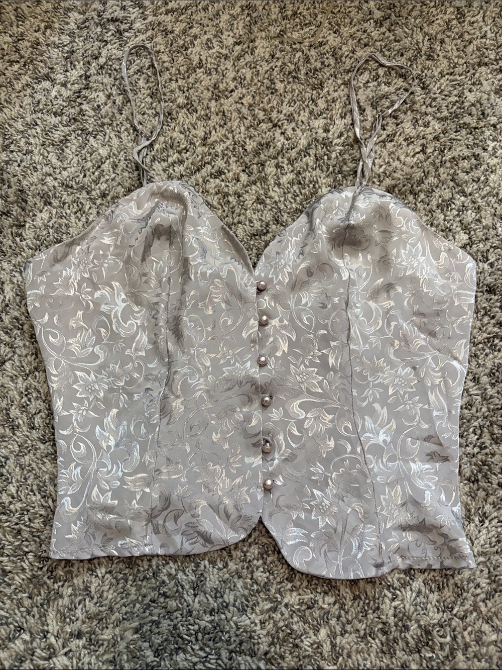 2/$12 Silky Floral Jacquard Pearl-Button Cami Top - Silver (Hand-Dyed)
